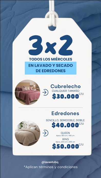 Flyer oficial promo 3x2 edredones LavasTú · Cubrelecho $30.000 · Edredones $40.000-$50.000
